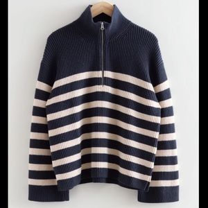 & Other Stories navy and white striped half zip oversized sweater